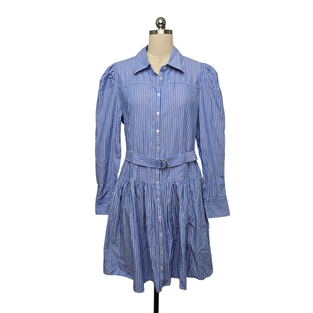 NWT Nanette Lepore Blue White Striped Cotton Belted Shirt Dress Women's Size 14